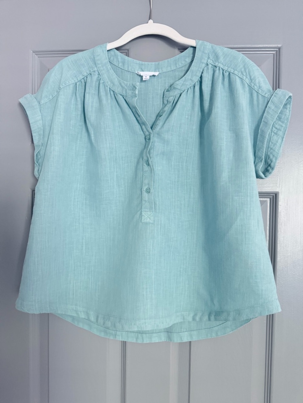 Westbound light teal blue cotton linen blend top, size small